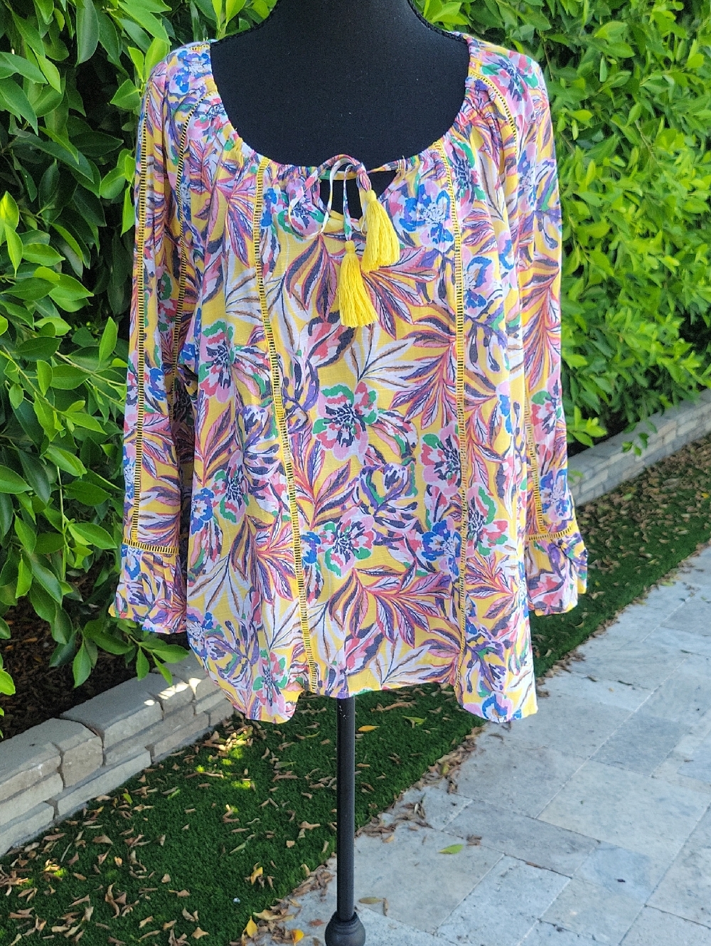 Boho Flowy Long Sleeve Multicolor Floral Top With Detailed Stiching XL